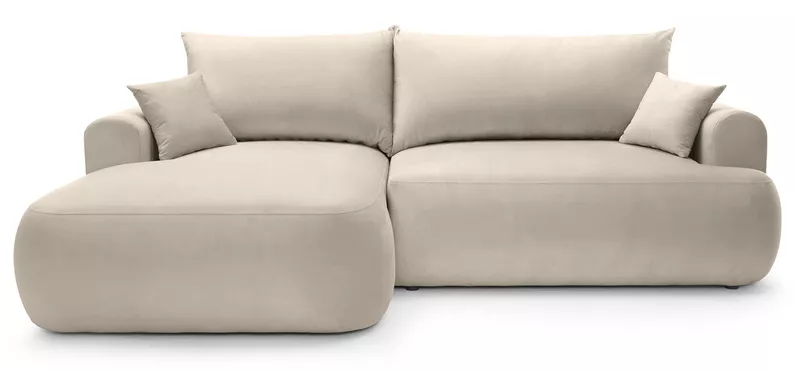 Jasnobeżowy narożnik Ovo L-kształtny z funkcją spania i pojemnikiem na pościel, idealny do salonu.