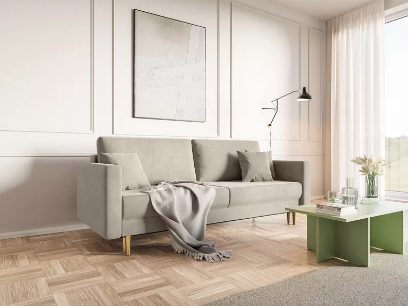 VALICO Canapé-lit trois places en velours beige hydrophobe