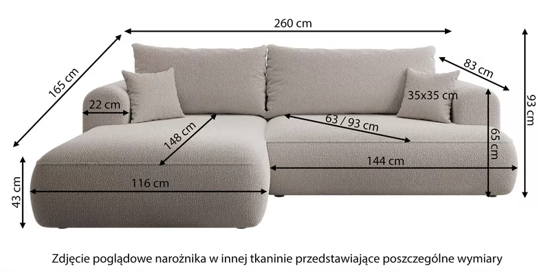 Jasnoszary narożnik Ovo lewostronny z funkcją spania i pojemnikiem na pościel.