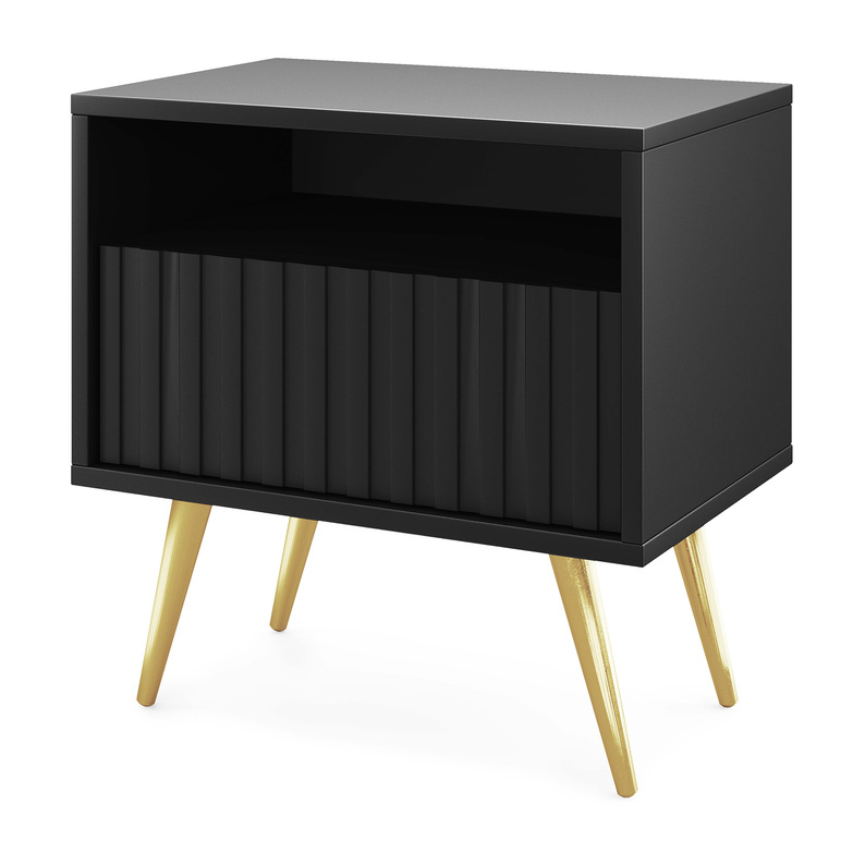 Table de chevet Bello avec un tiroir à façade lamellaire, noire avec pieds dorés