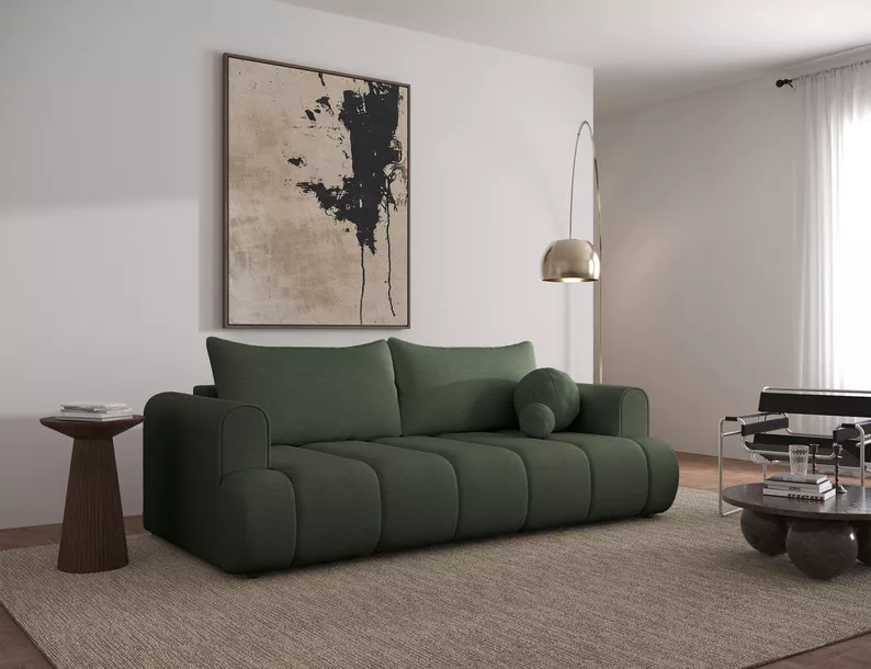 Kanapa trzyosobowa Dandelino z funkcją spania zielony szenil hydrofobowy