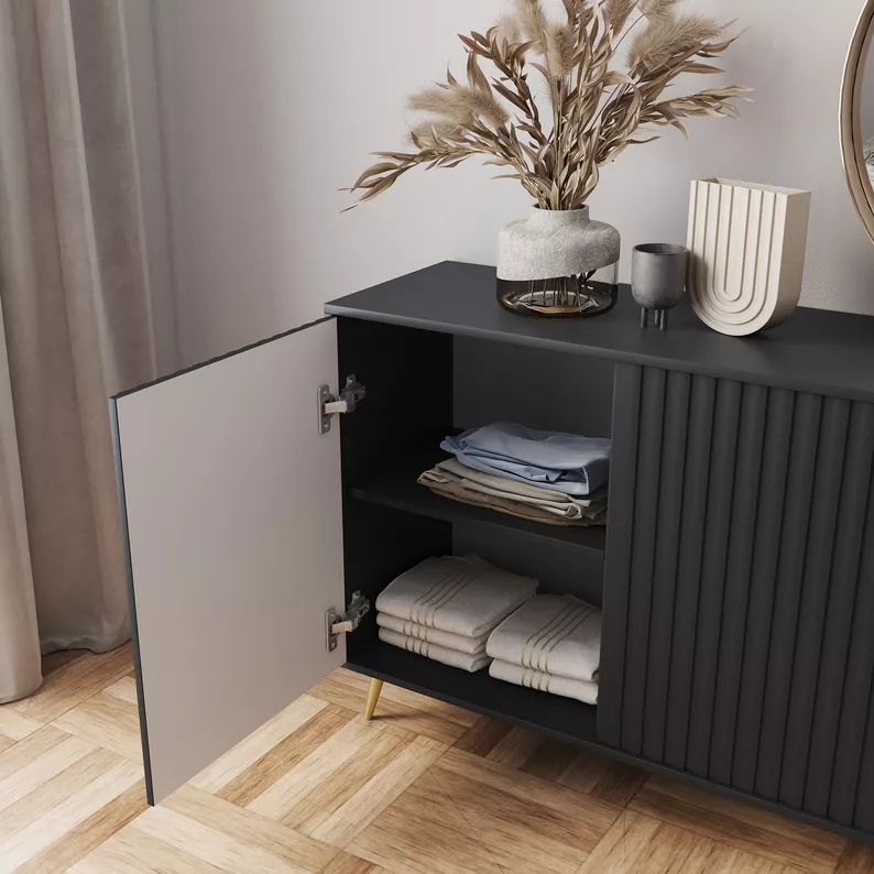 Commode Bello avec façades à lamelles 154 cm noir avec pieds dorés