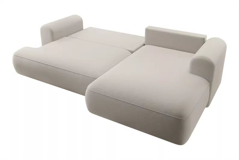 Canapé d'angle convertible Ovo en L velours beige clair avec un bac en tissu facile à nettoyer, côté droit