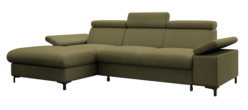 MILLEFOLIUM L-forme Canapé d'angle convertible avec fonction lit avec coffre de rangement velours hydrofuge olive gauche