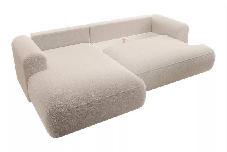 Canapé-lit d'angle Ovo en L beige avec un conteneur bouclé à gauche