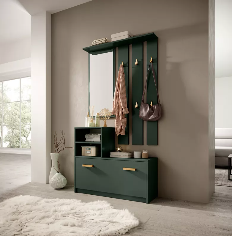 Ensemble d'entrée Yesfir vert bouteille avec miroir, cintres, étagères et meuble à chaussures