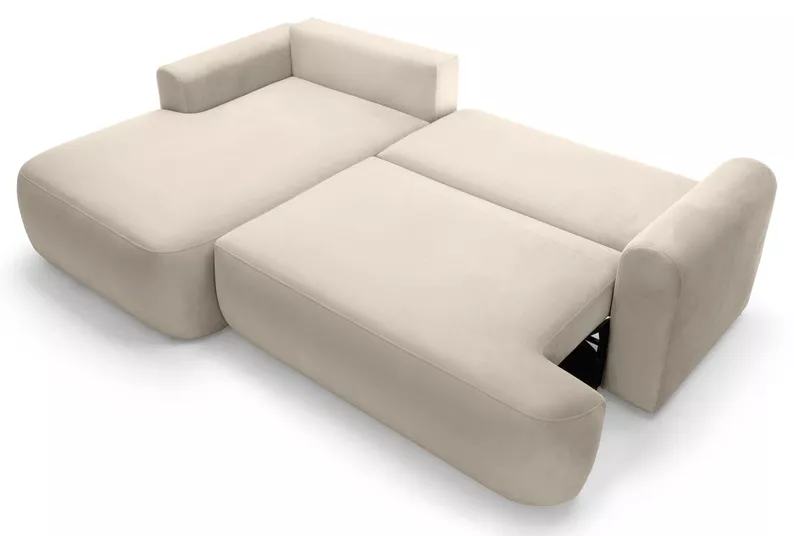 Jasnobeżowy narożnik Ovo L-kształtny z funkcją spania i pojemnikiem na pościel, idealny do salonu.