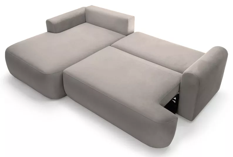 Jasnoszary narożnik Ovo lewostronny z funkcją spania i pojemnikiem na pościel.