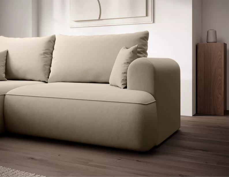 Jasnobeżowy narożnik Ovo mini L-kształtny z funkcją spania i pojemnikiem na pościel.