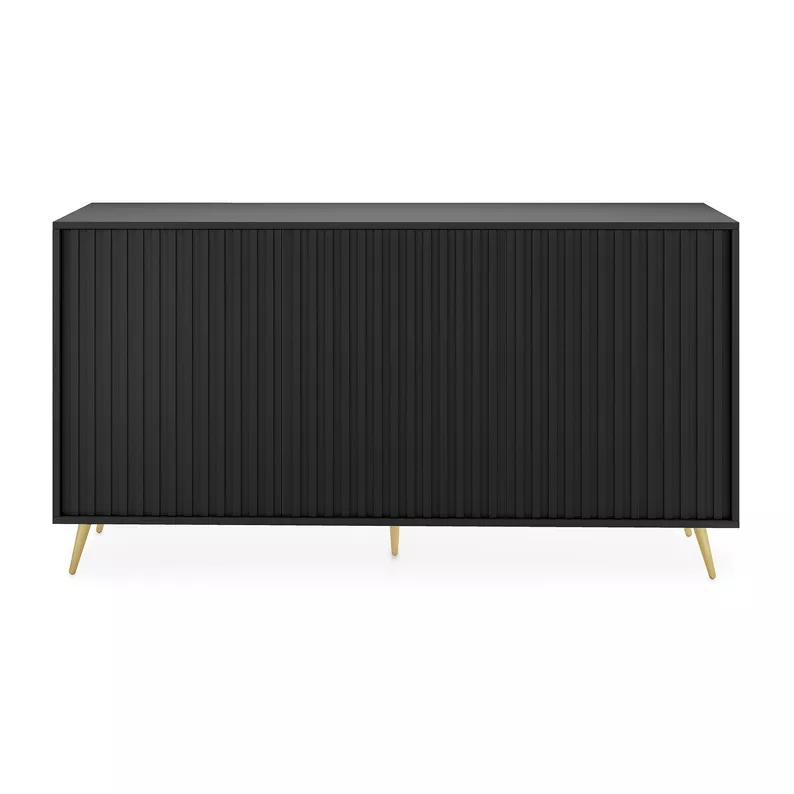 Commode Bello avec façades à lamelles 154 cm noir avec pieds dorés