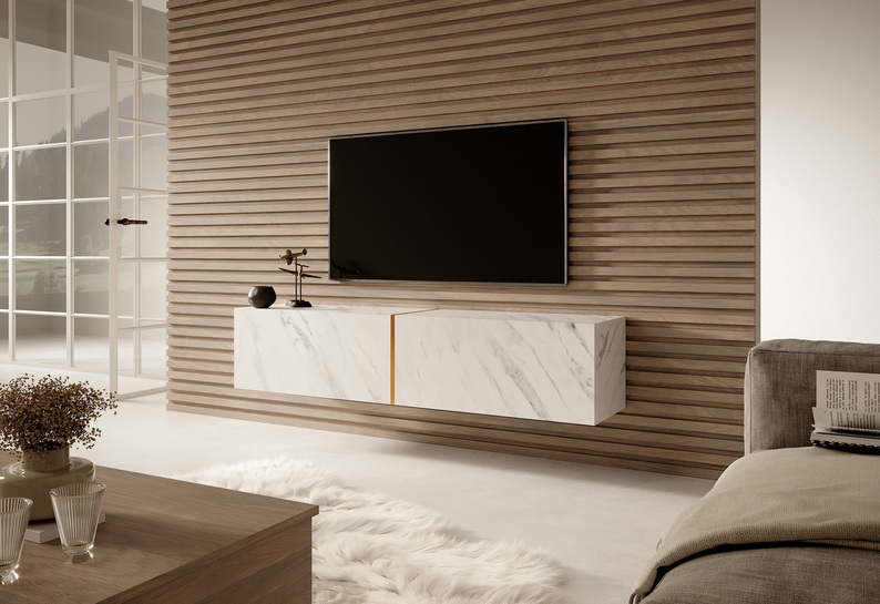 BISIRA Meuble TV 140 cm en marbre blanc avec insert doré