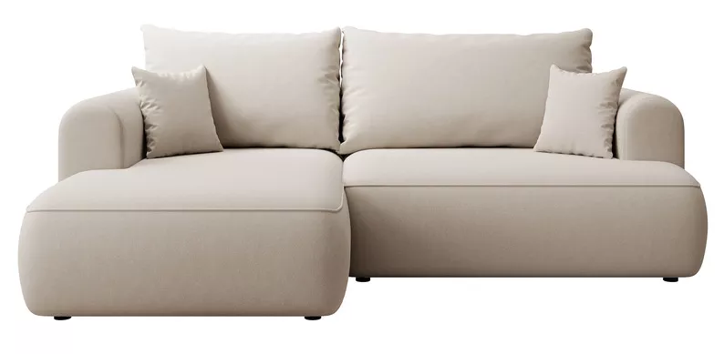 Kremowy narożnik Ovo mini L-kształtny z funkcją spania i pojemnikiem na pościel.