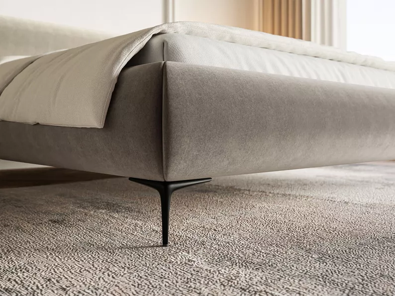 Łóżko tapicerowane 180x200 cm Roule z pojemnikiem stelaż metalowy szarobeżowe welur hydrofobowy nóżki czarne