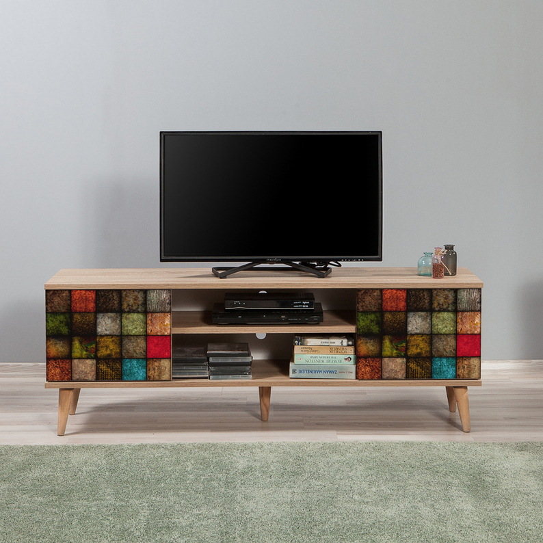 SMARTSER Meuble TV 140 cm avec façades en mosaïque colorée