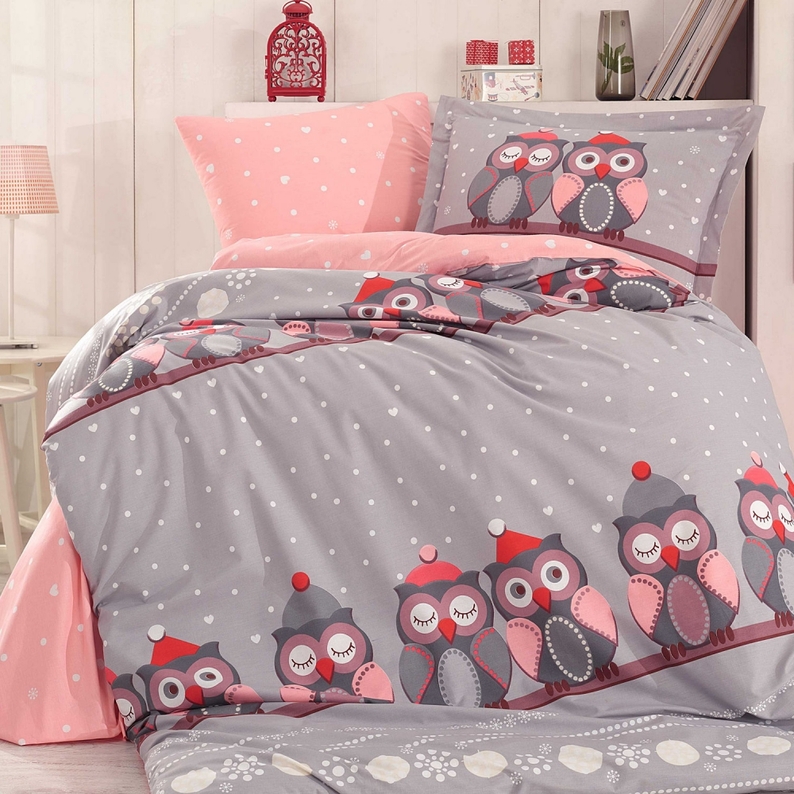 LITTLE OWL Parure de lit 160x220 cm avec une taie d'oreiller 50x70 cm et un drap gris-rose