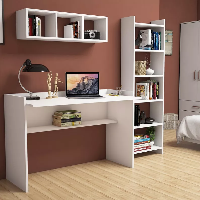 NOROS Bureau 120x60 cm avec bibliothèque et étagère blanc