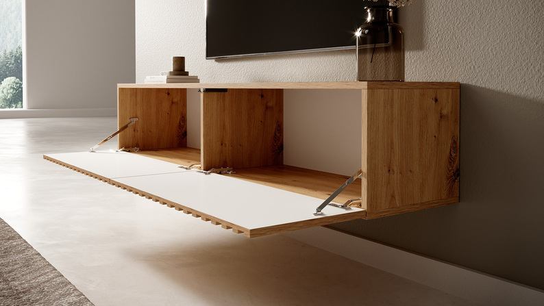 TELIRE Meuble TV 140 cm en chêne artisan avec façade fraisée