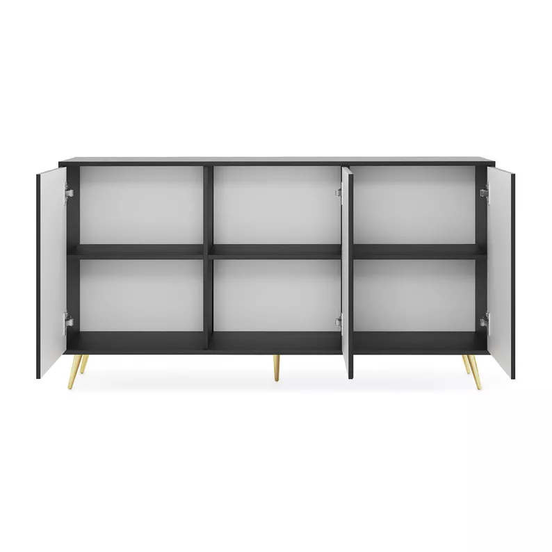 Commode Bello avec façades à lamelles 154 cm noir avec pieds dorés