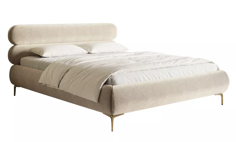 Łóżko tapicerowane 140x200 cm Roule z pojemnikiem stelaż metalowy jasnobeżowe welur hydrofobowy nóżki złote