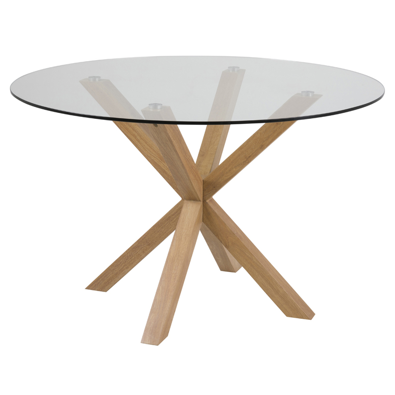 KARDEMA Table à manger ronde diamètre 119 cm en verre sur un socle en chêne