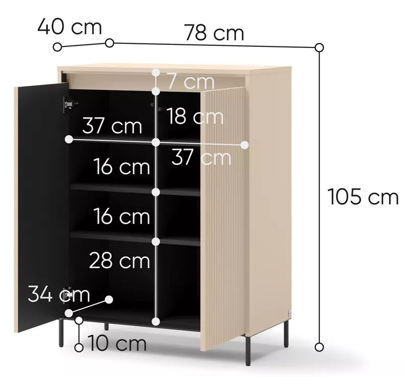 Komoda wysoka Trend dwudrzwiowa z oświetleniem 78 cm ryflowane fronty beż piaskowy / czarny