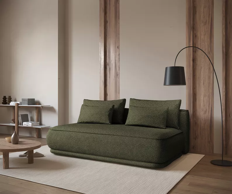 Kanapa rozkładana trzyosobowa Leanno z pojemnikiem oliwkowa boucle