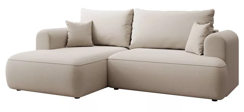 Kremowy narożnik Ovo mini L-kształtny z funkcją spania i pojemnikiem na pościel.