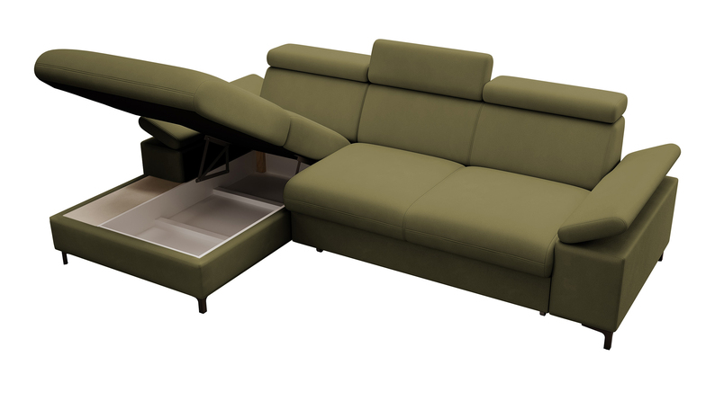 MILLEFOLIUM L-forme Canapé d'angle convertible avec fonction lit avec coffre de rangement velours hydrofuge olive gauche