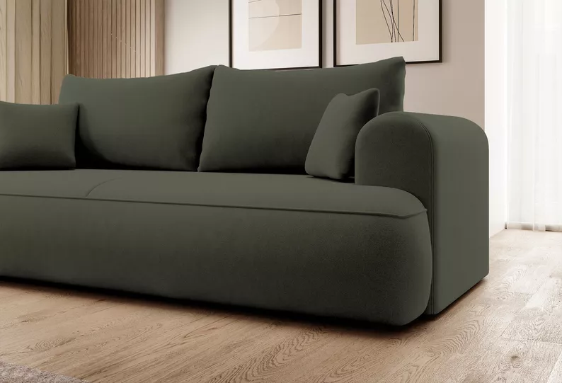 Kanapa rozkładana trzyosobowa Ovo z pojemnikiem oliwkowa welur w tkaninie łatwoczyszczącej