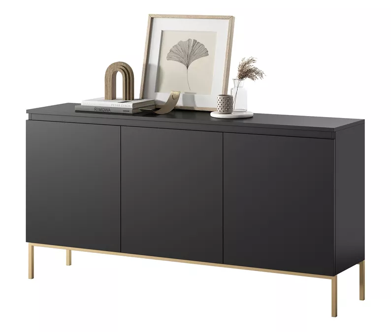Commode à trois portes Bemmi 150 cm noire avec pieds dorés