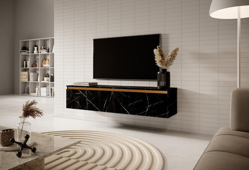 SENEY Meuble TV 140 cm noir marbre avec garniture dorée