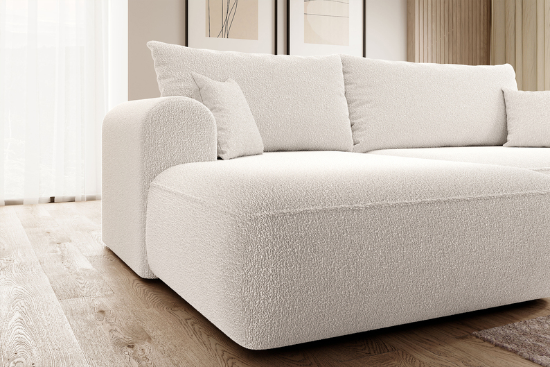Canapé-lit d'angle Ovo crème en forme de L avec un conteneur de boucle à gauche