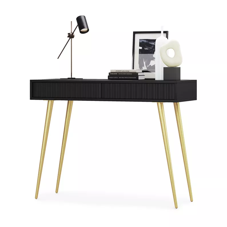 Coiffeuse Bello 104 cm noire avec pieds dorés