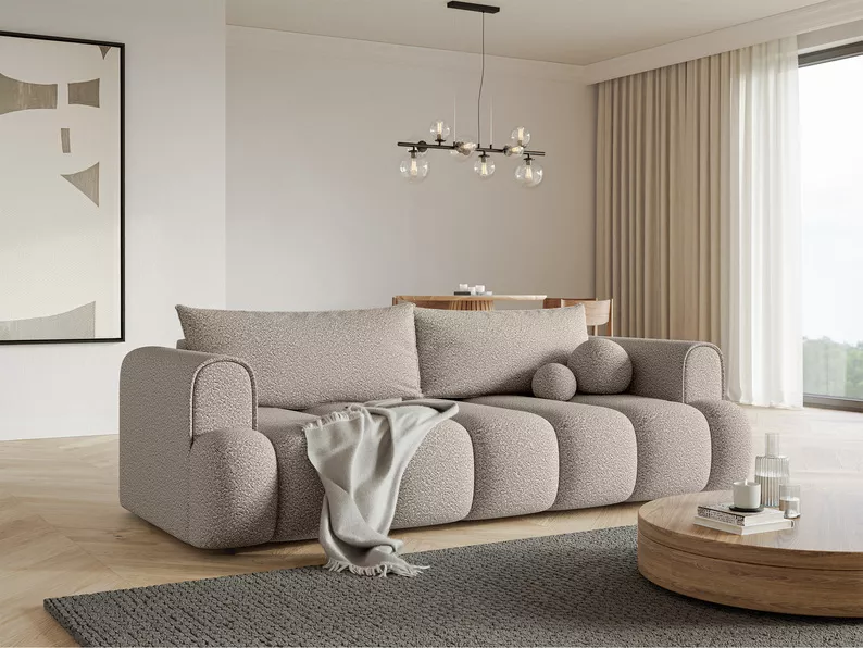 Kanapa trzyosobowa Dandelino z funkcją spania jasnobeżowa boucle