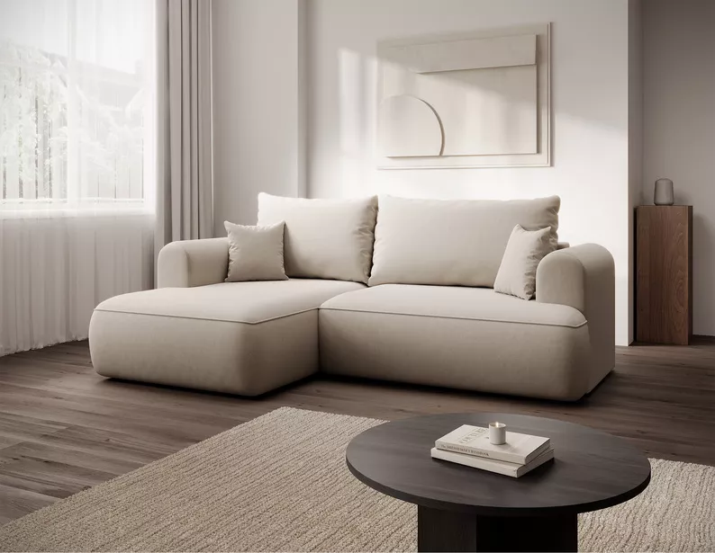 Kremowy narożnik Ovo mini L-kształtny z funkcją spania i pojemnikiem na pościel.