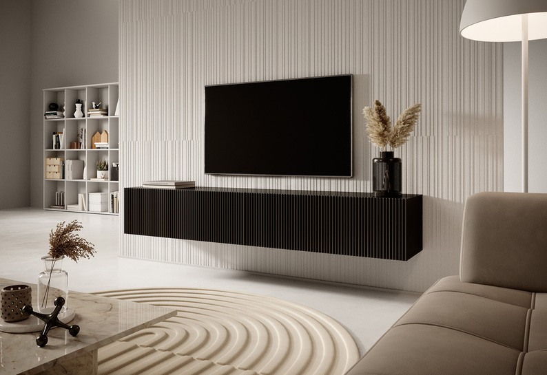 VELDIO Meuble TV 175 cm noir avec façade fraisée