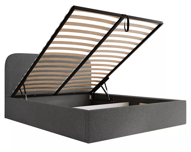 Łóżko tapicerowane 140x200 cm Sonvivo z pojemnikiem na pościel ciemnoszare boucle stelaż metalowy