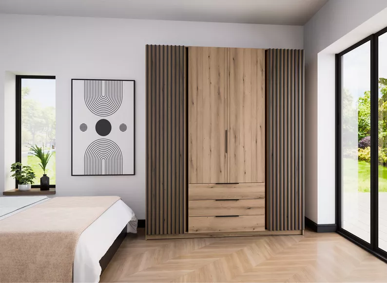 Szafa Kaja czterodrzwiowa z lamelami i trzema szufladami 200 cm dąb evoke