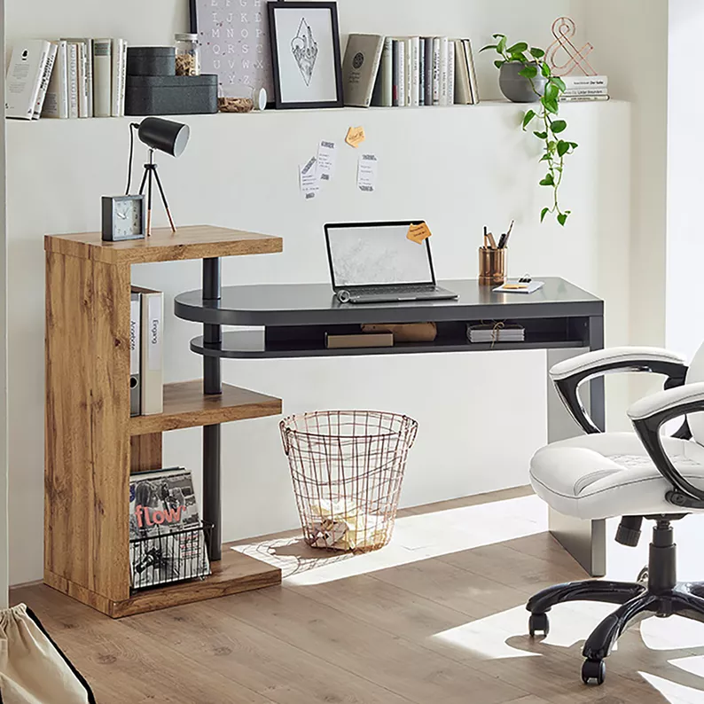 Bureau d'ordinateur Pezzotti, 145 x 50 cm, avec plateau mobile, gris et chêne