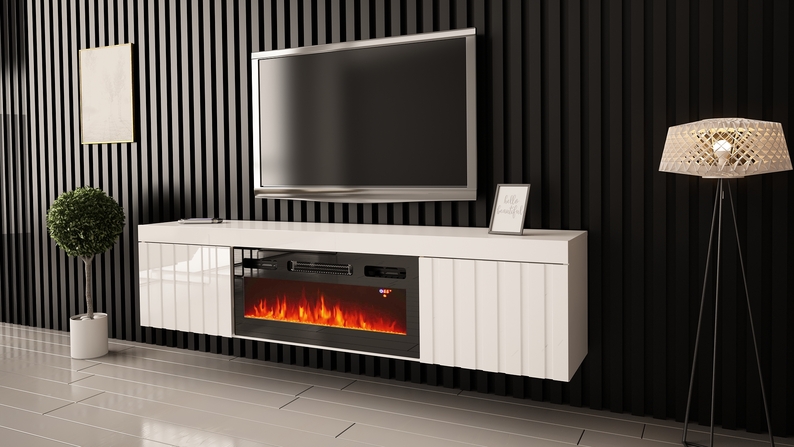 Meuble TV Kalva 180 cm avec une cheminée électrique, blanc brillant à  lattes - Selsey