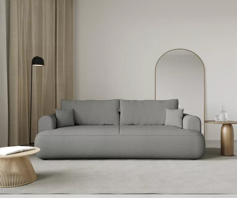 Kanapa rozkładana trzyosobowa Ovo z pojemnikiem szara szenil