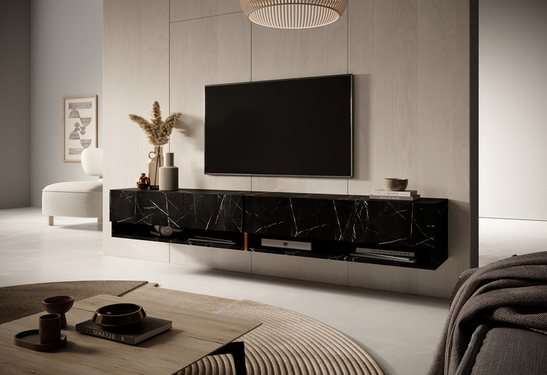 MIRRGO Meuble TV 200 cm marbre noir avec insert d'or