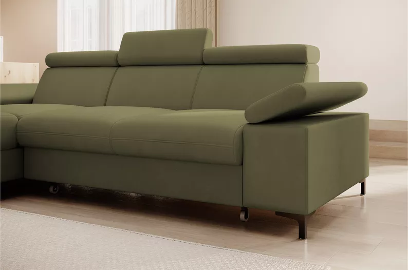 MILLEFOLIUM L-forme Canapé d'angle convertible avec fonction lit avec coffre de rangement velours hydrofuge olive gauche
