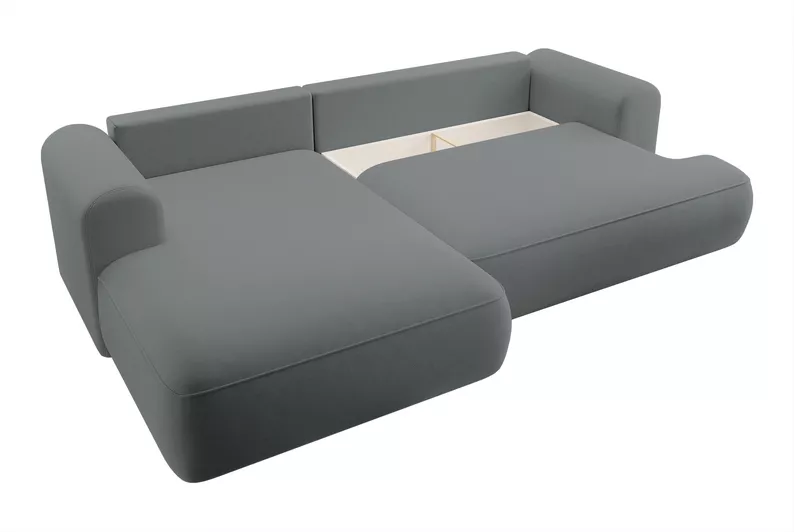 Canapé d'angle convertible Ovo en L velours gris foncé avec bac en tissu facile à nettoyer, côté gauche