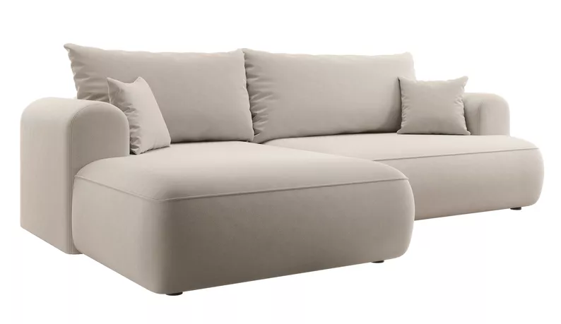 Canapé d'angle convertible Ovo en L velours crème avec bac en tissu facile à nettoyer, côté gauche