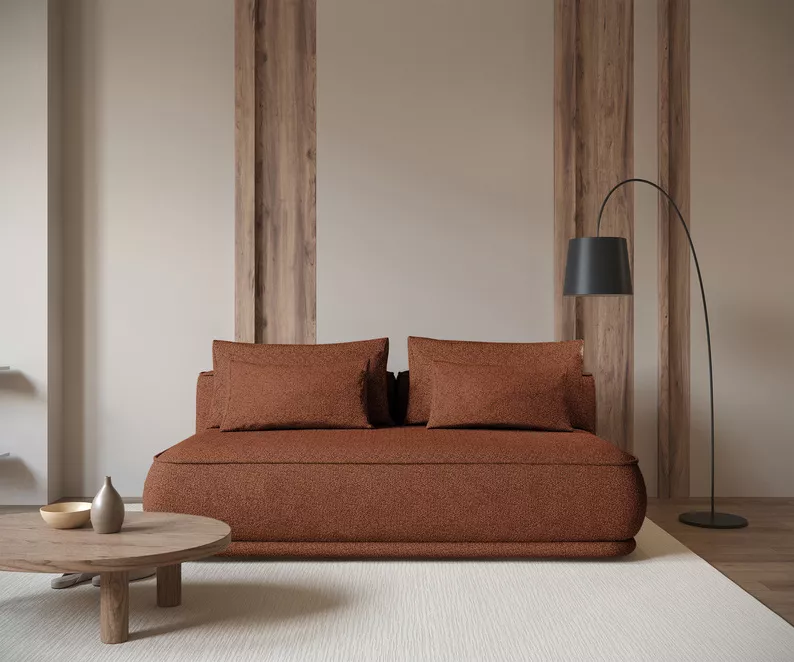 Kanapa rozkładana trzyosobowa Leanno z pojemnikiem miedziana boucle