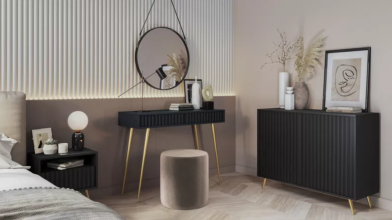 Coiffeuse Bello 104 cm noire avec pieds dorés