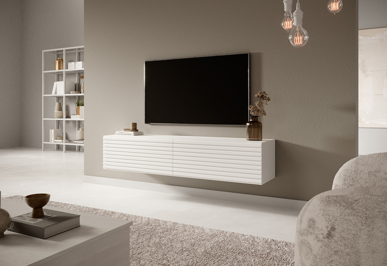 Meuble TV Pavas 175 cm Blanc avec façade lamellaire