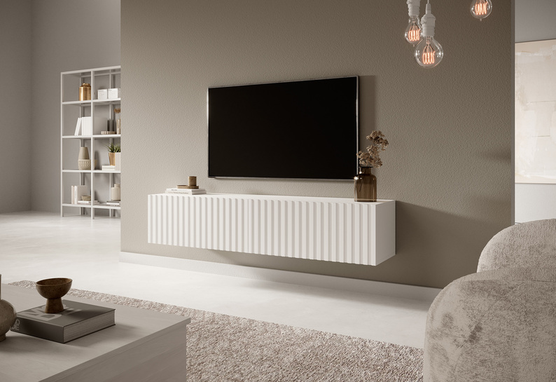  Meuble TV Telire 140 cm Blanc avec façade lamellaire