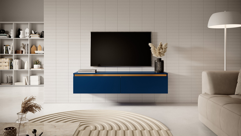 SENEY Meuble TV 140 cm bleu marine avec garniture dorée